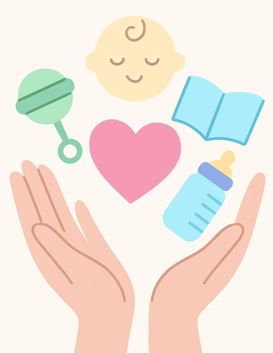 Cartoon image of hands cupping resources for parenting 